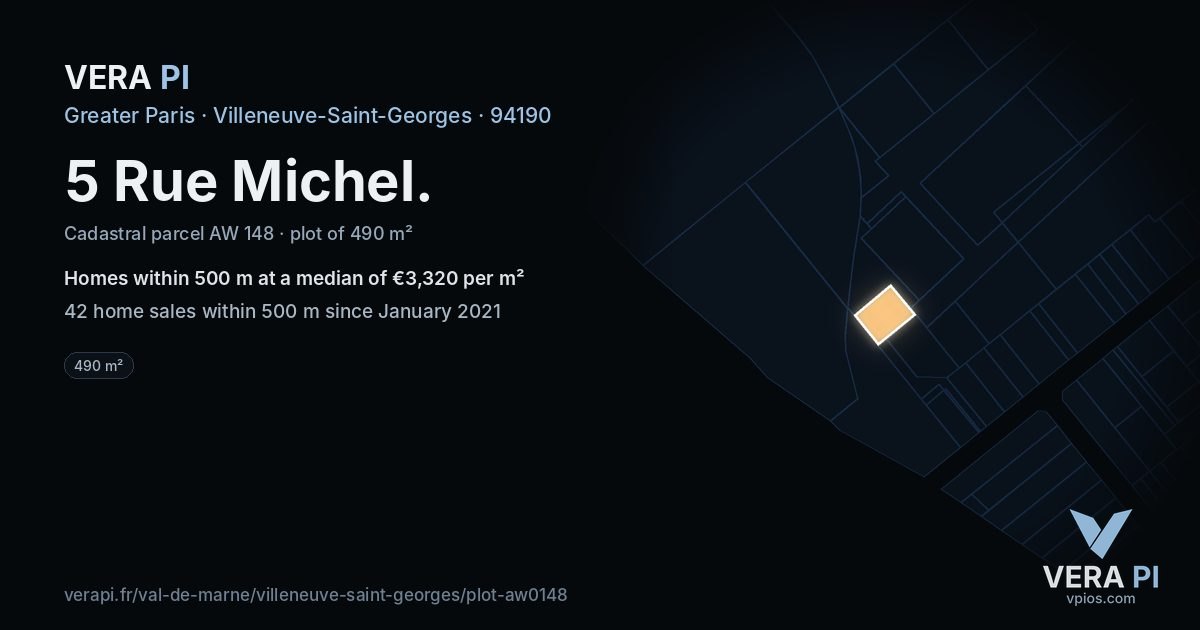 5 Rue Michel, Villeneuve-Saint-Georges at night – the plot lit, the parcels around coloured by the prices near them
