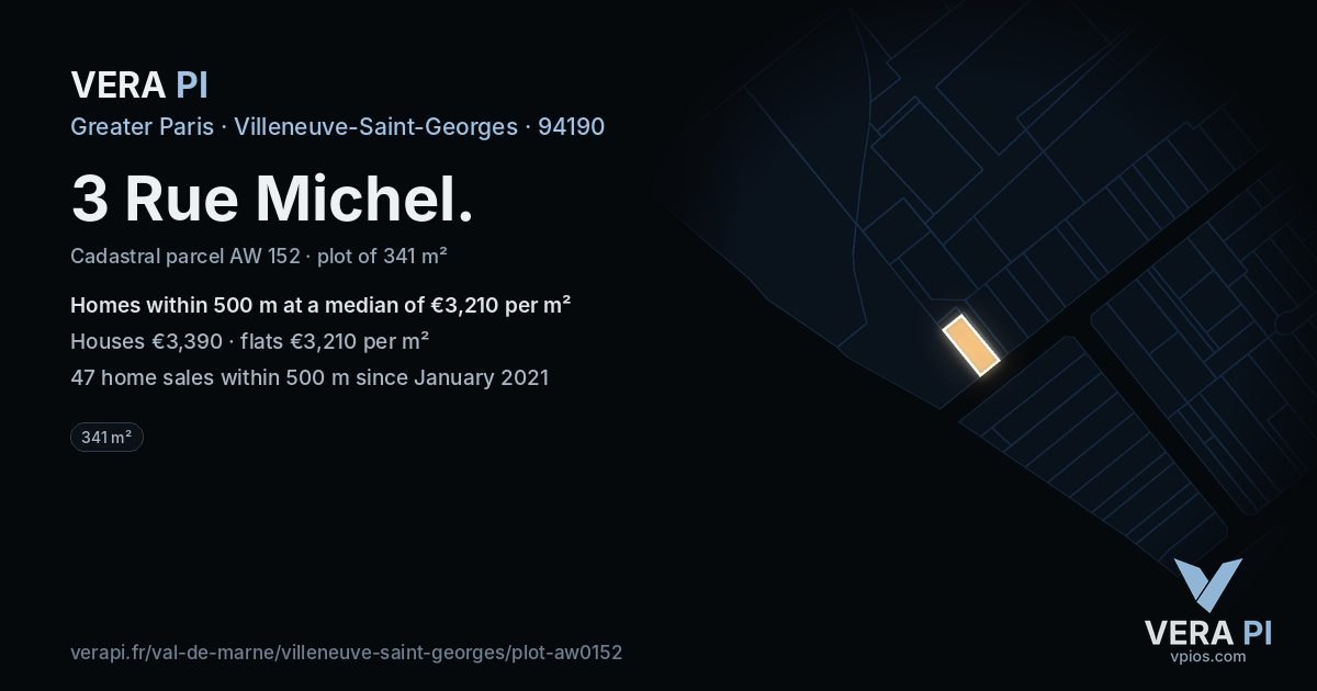 3 Rue Michel, Villeneuve-Saint-Georges at night – the plot lit, the parcels around coloured by the prices near them