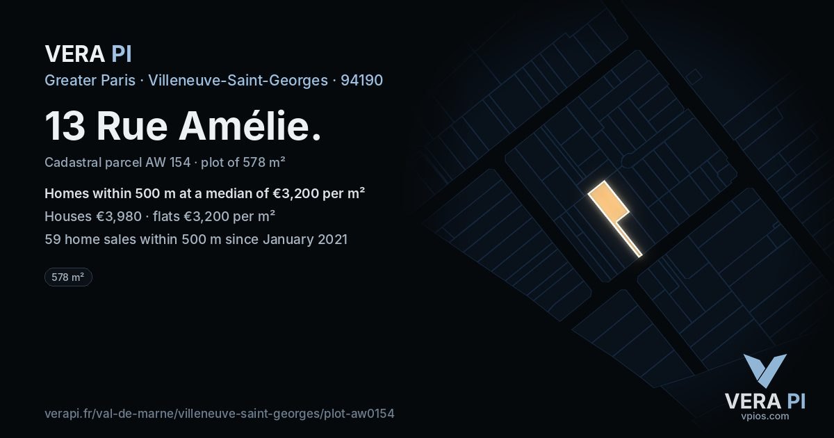 13 Rue Amélie, Villeneuve-Saint-Georges at night – the plot lit, the parcels around coloured by the prices near them