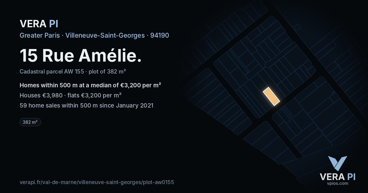 15 Rue Amélie, Villeneuve-Saint-Georges at night – the plot lit, the parcels around coloured by the prices near them