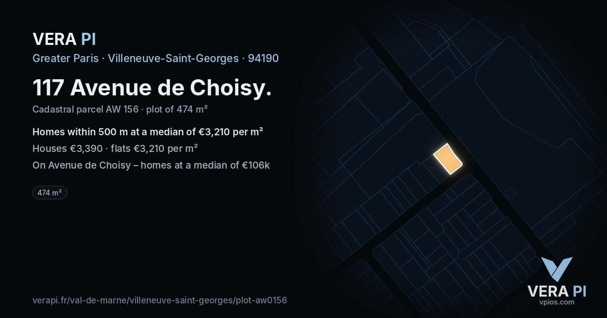 117 Avenue de Choisy, Villeneuve-Saint-Georges at night – the plot lit, the parcels around coloured by the prices near them