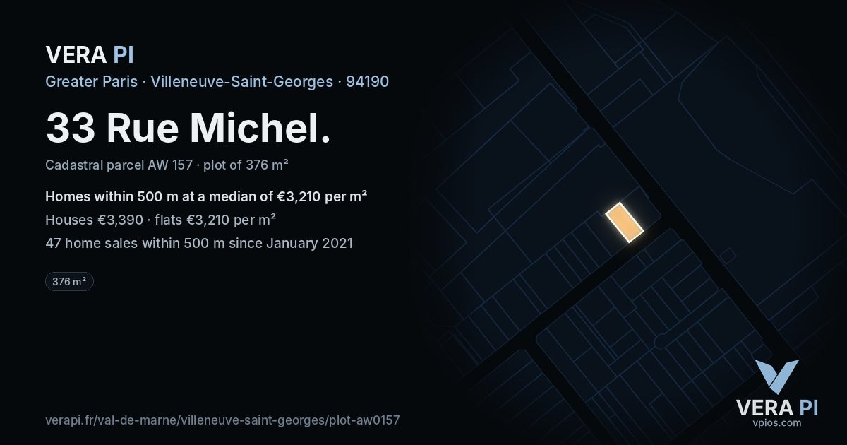 33 Rue Michel, Villeneuve-Saint-Georges at night – the plot lit, the parcels around coloured by the prices near them