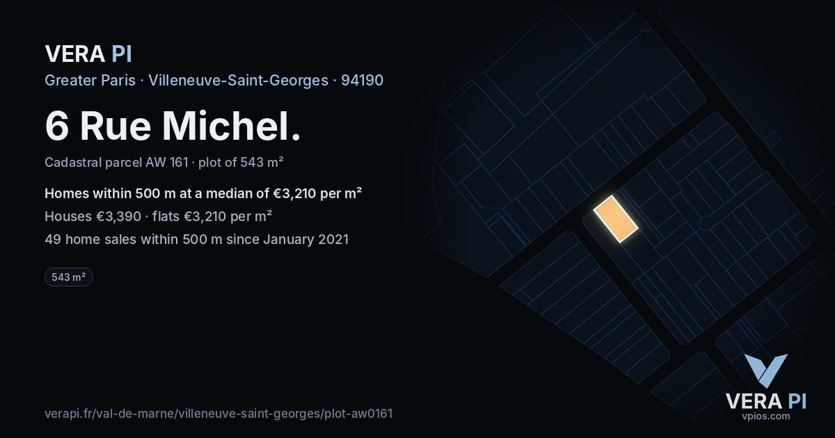 6 Rue Michel, Villeneuve-Saint-Georges at night – the plot lit, the parcels around coloured by the prices near them