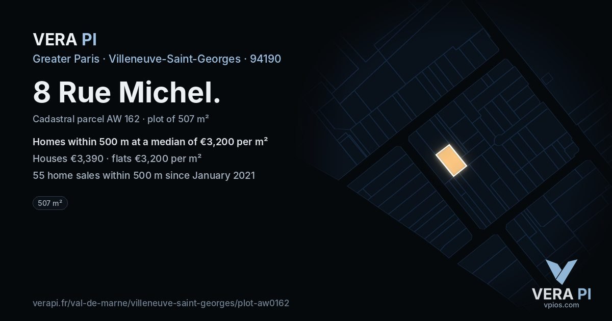 8 Rue Michel, Villeneuve-Saint-Georges at night – the plot lit, the parcels around coloured by the prices near them