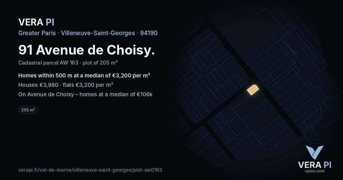 91 Avenue de Choisy, Villeneuve-Saint-Georges at night – the plot lit, the parcels around coloured by the prices near them