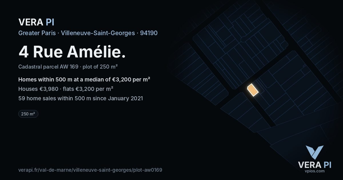 4 Rue Amélie, Villeneuve-Saint-Georges at night – the plot lit, the parcels around coloured by the prices near them