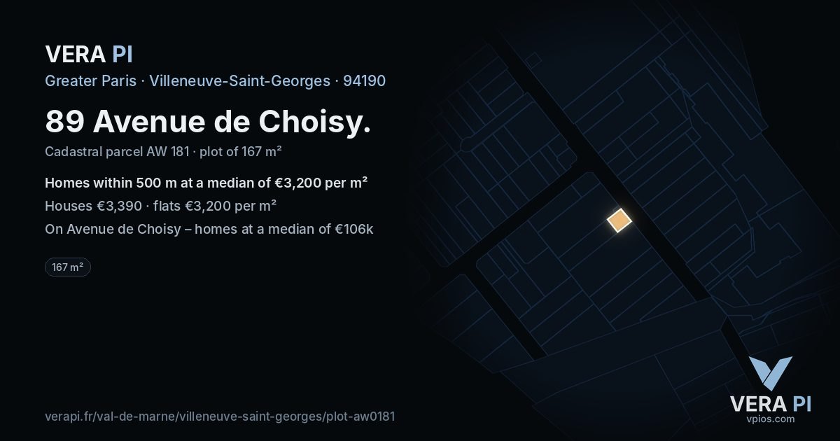 89 Avenue de Choisy, Villeneuve-Saint-Georges at night – the plot lit, the parcels around coloured by the prices near them