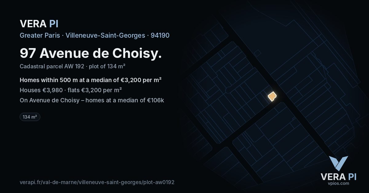 97 Avenue de Choisy, Villeneuve-Saint-Georges at night – the plot lit, the parcels around coloured by the prices near them