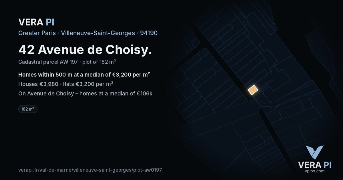 42 Avenue de Choisy, Villeneuve-Saint-Georges at night – the plot lit, the parcels around coloured by the prices near them