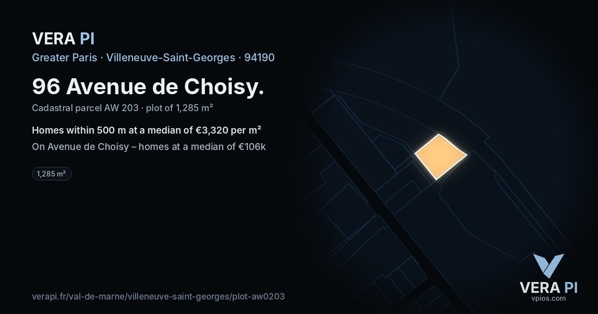 96 Avenue de Choisy, Villeneuve-Saint-Georges at night – the plot lit, the parcels around coloured by the prices near them