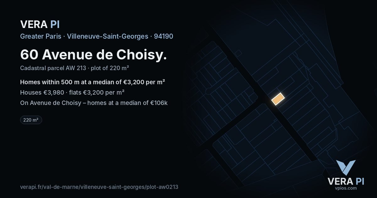 60 Avenue de Choisy, Villeneuve-Saint-Georges at night – the plot lit, the parcels around coloured by the prices near them