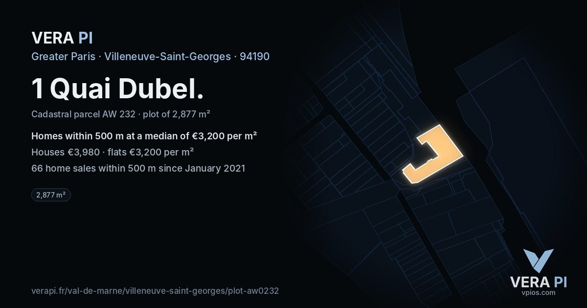 1 Quai Dubel, Villeneuve-Saint-Georges at night – the plot lit, the parcels around coloured by the prices near them