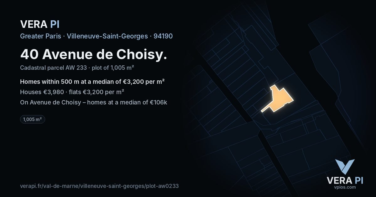 40 Avenue de Choisy, Villeneuve-Saint-Georges at night – the plot lit, the parcels around coloured by the prices near them