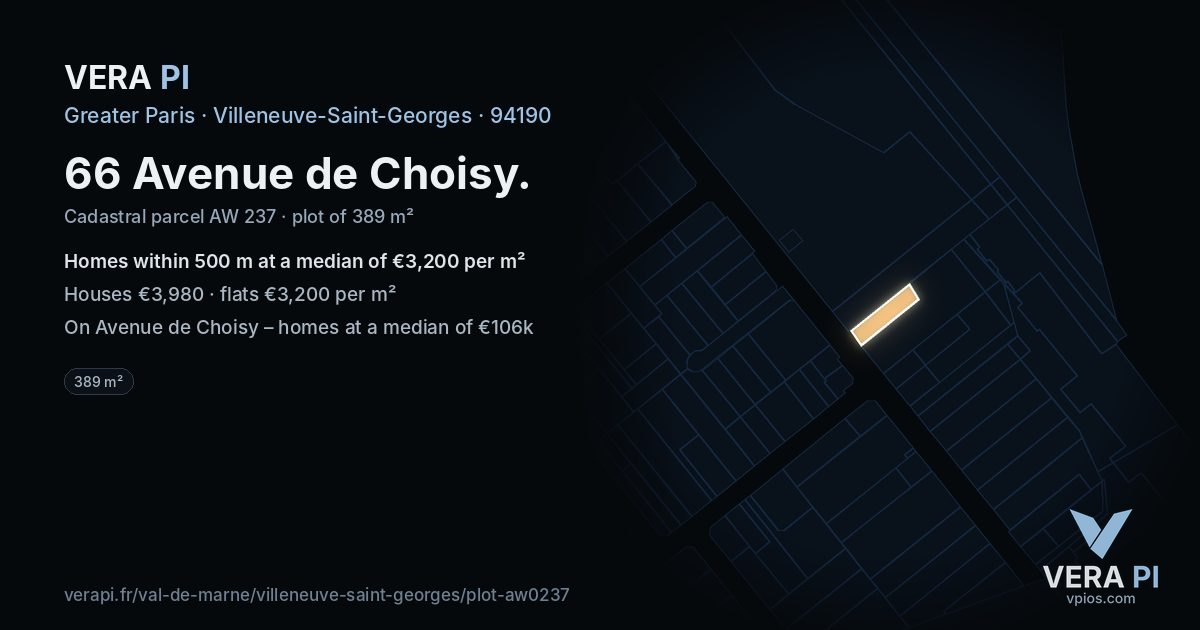 66 Avenue de Choisy, Villeneuve-Saint-Georges at night – the plot lit, the parcels around coloured by the prices near them