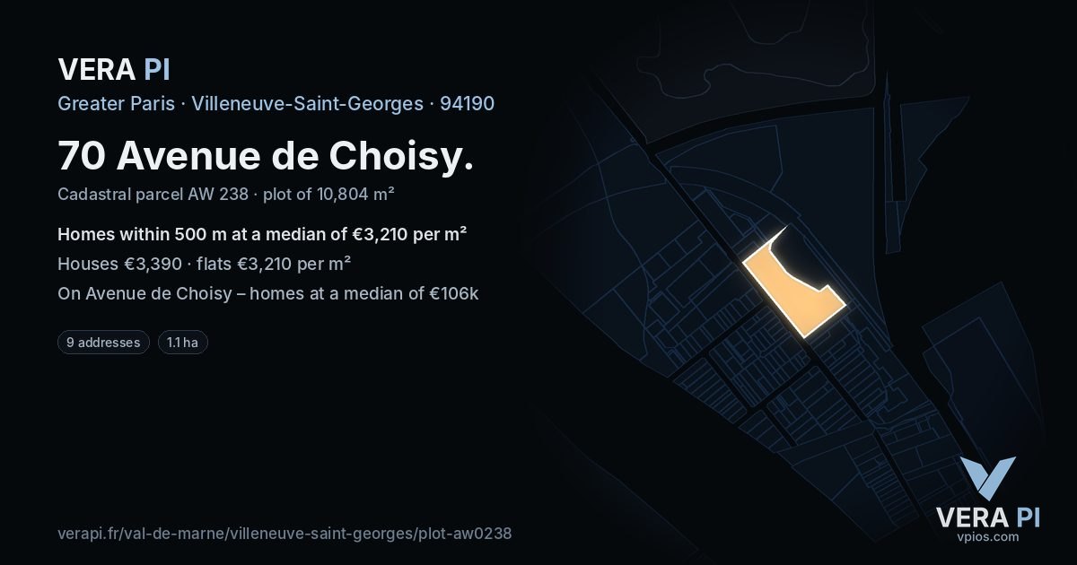70 Avenue de Choisy, Villeneuve-Saint-Georges at night – the plot lit, the parcels around coloured by the prices near them