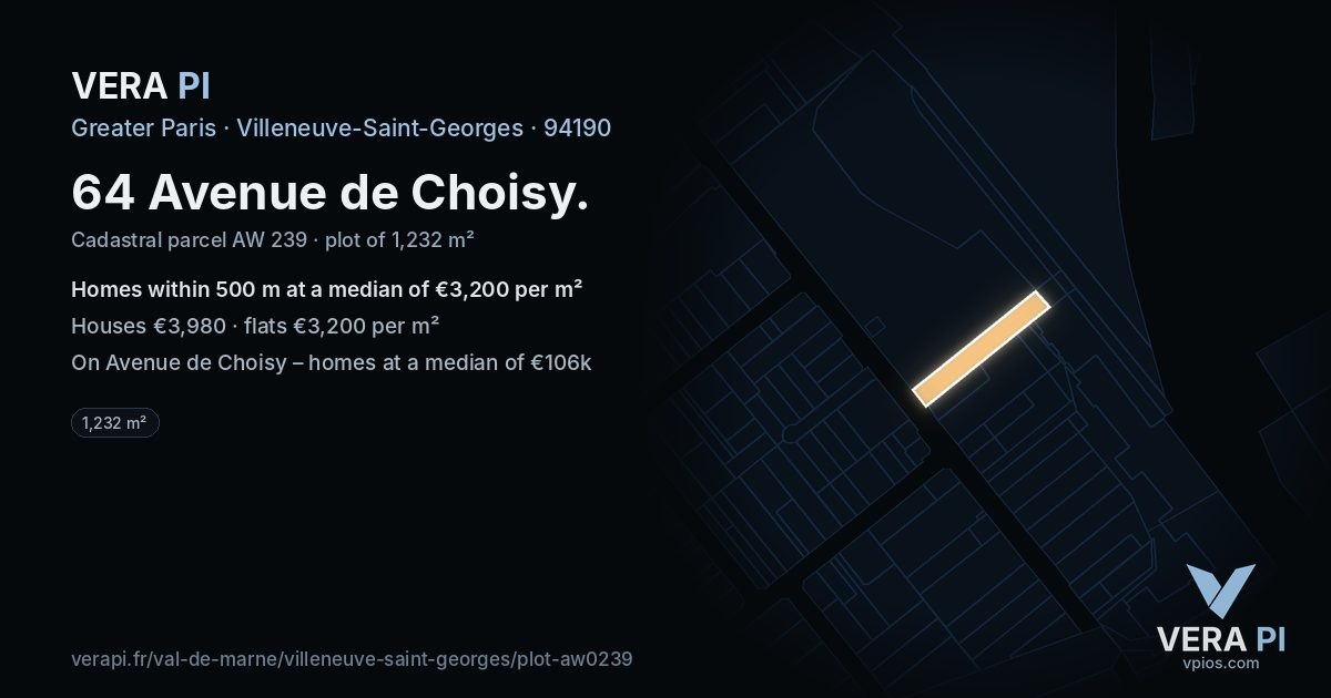 64 Avenue de Choisy, Villeneuve-Saint-Georges at night – the plot lit, the parcels around coloured by the prices near them