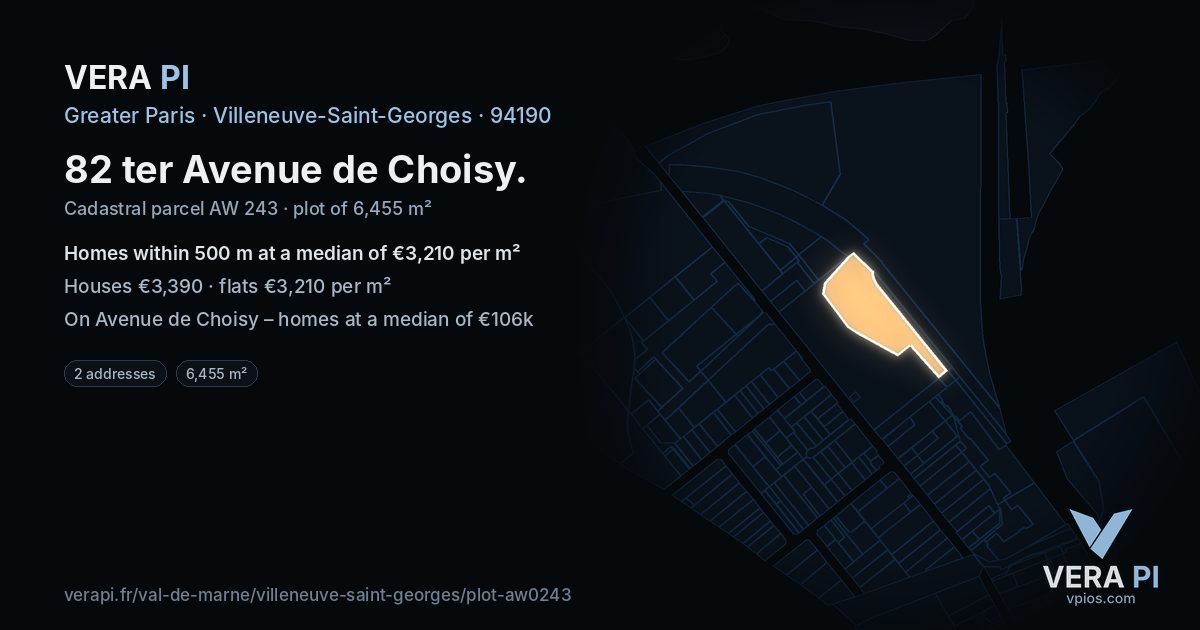 82 ter Avenue de Choisy, Villeneuve-Saint-Georges at night – the plot lit, the parcels around coloured by the prices near them