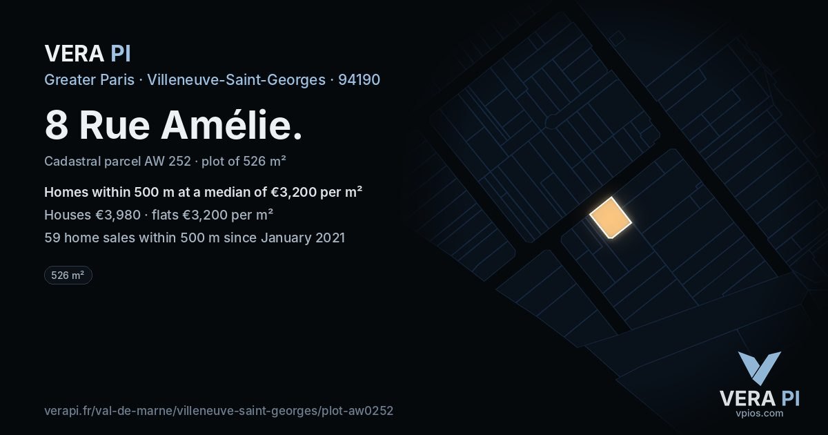 8 Rue Amélie, Villeneuve-Saint-Georges at night – the plot lit, the parcels around coloured by the prices near them