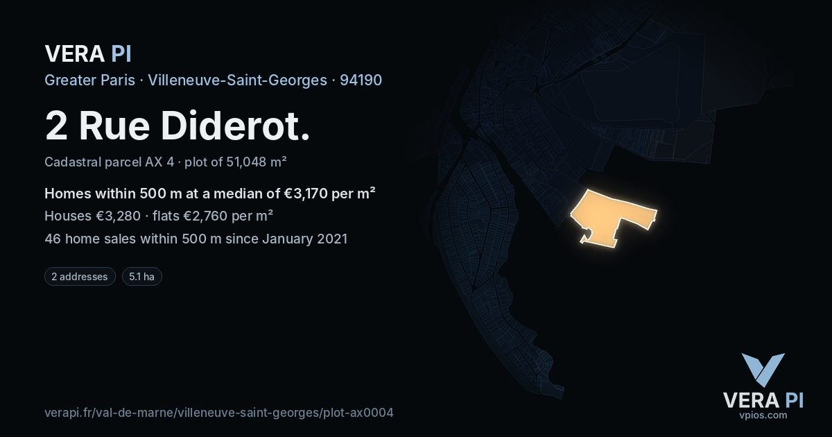 2 Rue Diderot, Villeneuve-Saint-Georges at night – the plot lit, the parcels around coloured by the prices near them