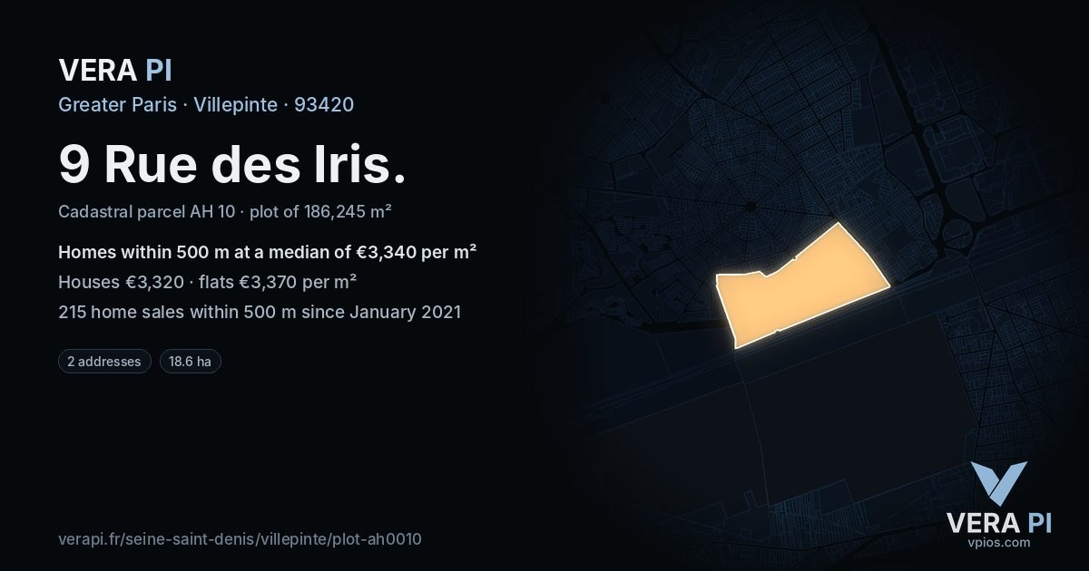 9 Rue des Iris, Villepinte at night – the plot lit, the parcels around coloured by the prices near them