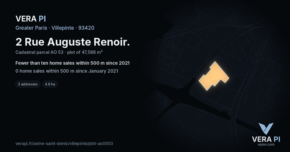 2 Rue Auguste Renoir, Villepinte at night – the plot lit, the parcels around coloured by the prices near them