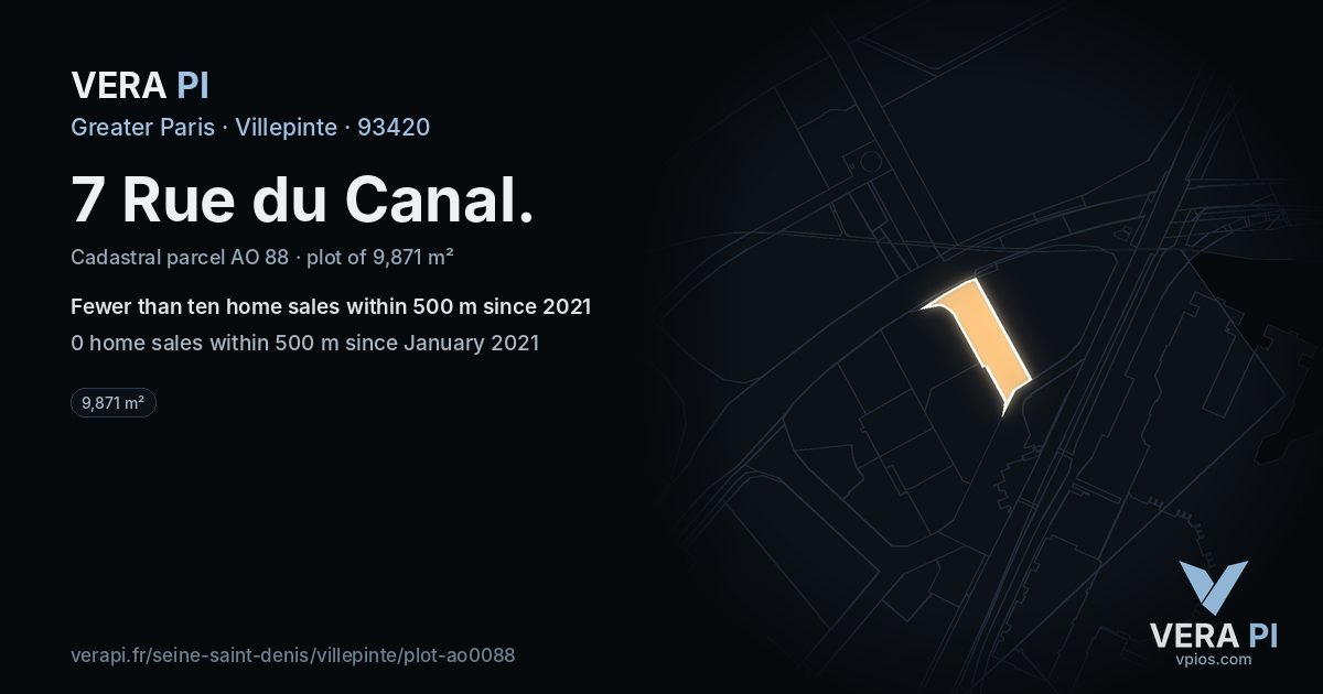 7 Rue du Canal, Villepinte at night – the plot lit, the parcels around coloured by the prices near them