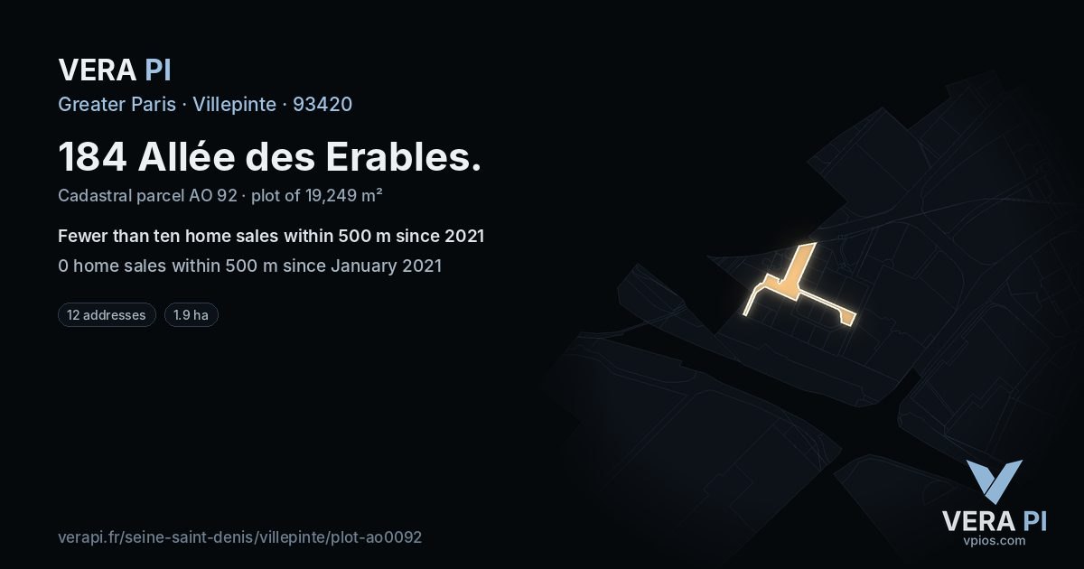 184 Allée des Erables, Villepinte at night – the plot lit, the parcels around coloured by the prices near them