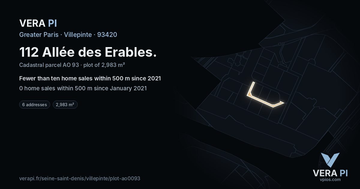 112 Allée des Erables, Villepinte at night – the plot lit, the parcels around coloured by the prices near them
