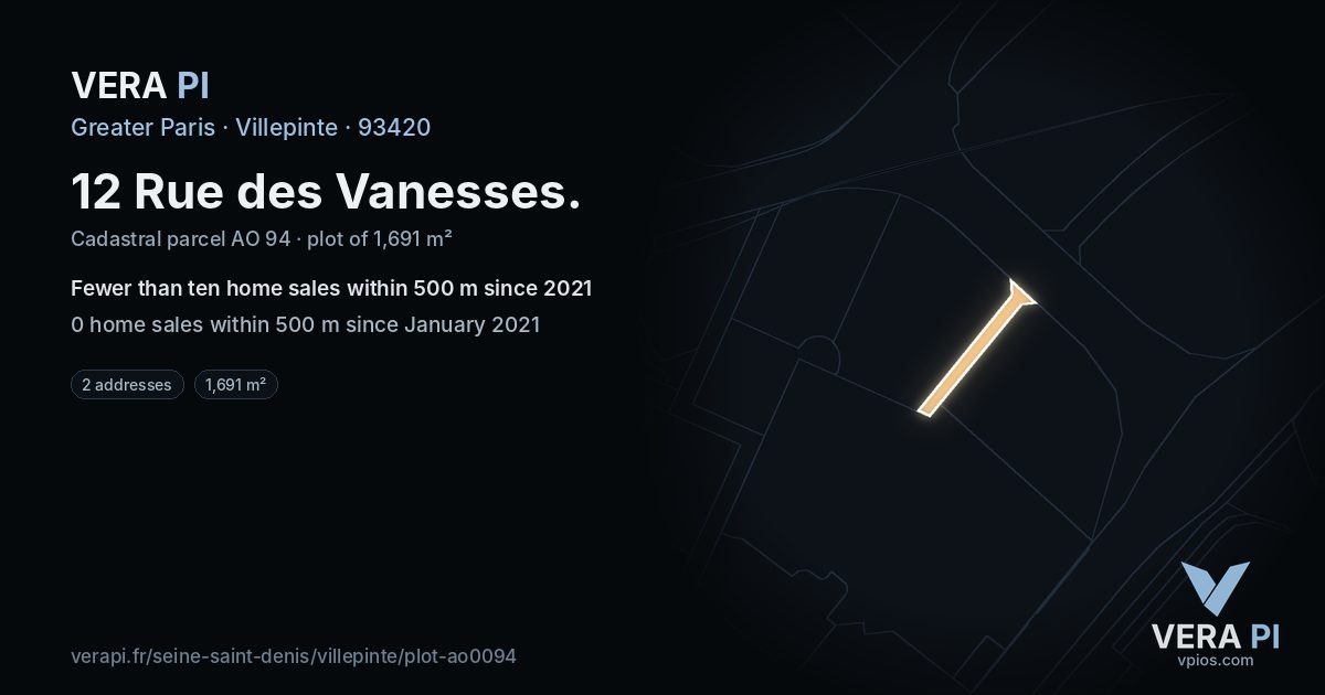 12 Rue des Vanesses, Villepinte at night – the plot lit, the parcels around coloured by the prices near them