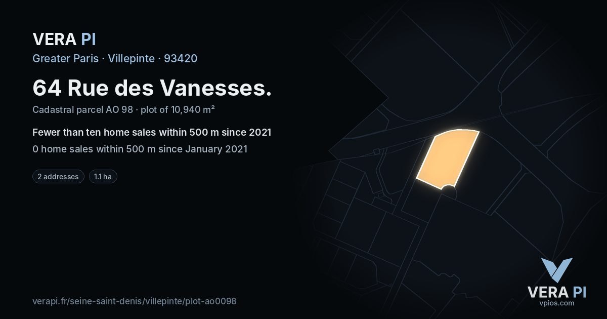64 Rue des Vanesses, Villepinte at night – the plot lit, the parcels around coloured by the prices near them