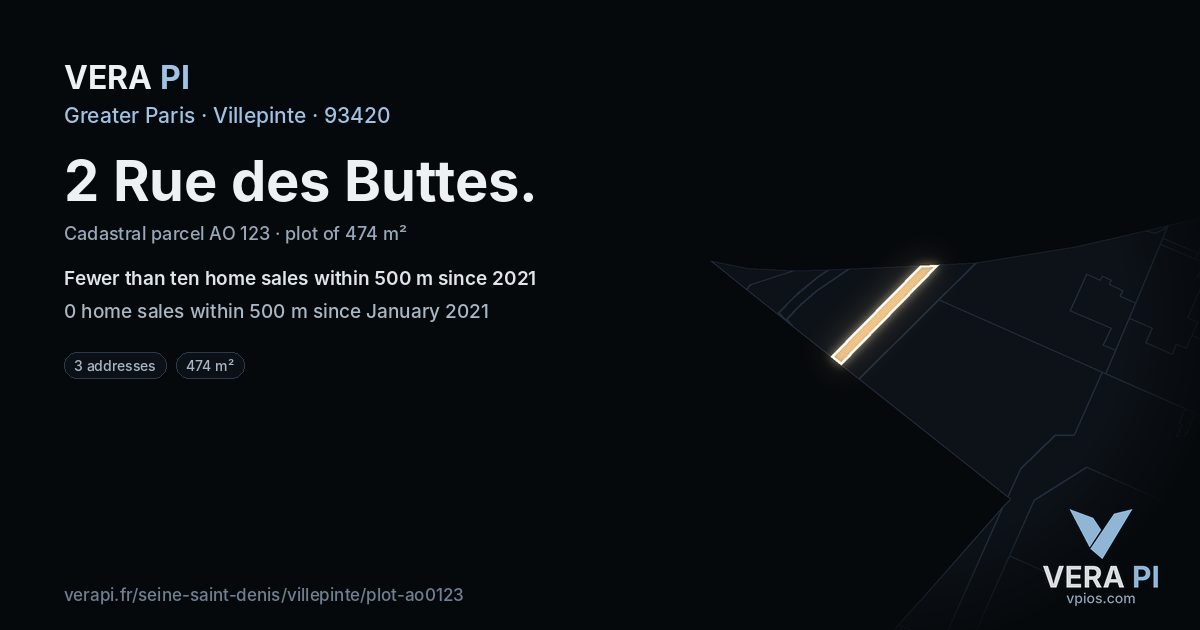 2 Rue des Buttes, Villepinte at night – the plot lit, the parcels around coloured by the prices near them