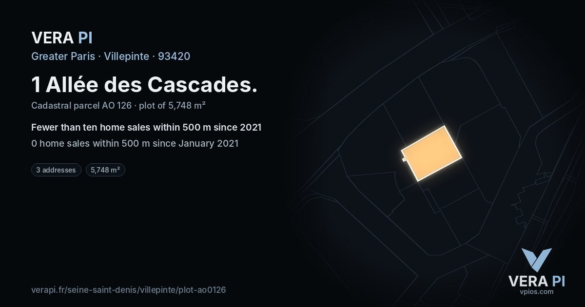 1 Allée des Cascades, Villepinte at night – the plot lit, the parcels around coloured by the prices near them