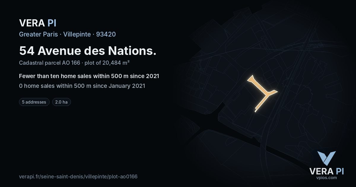 54 Avenue des Nations, Villepinte at night – the plot lit, the parcels around coloured by the prices near them