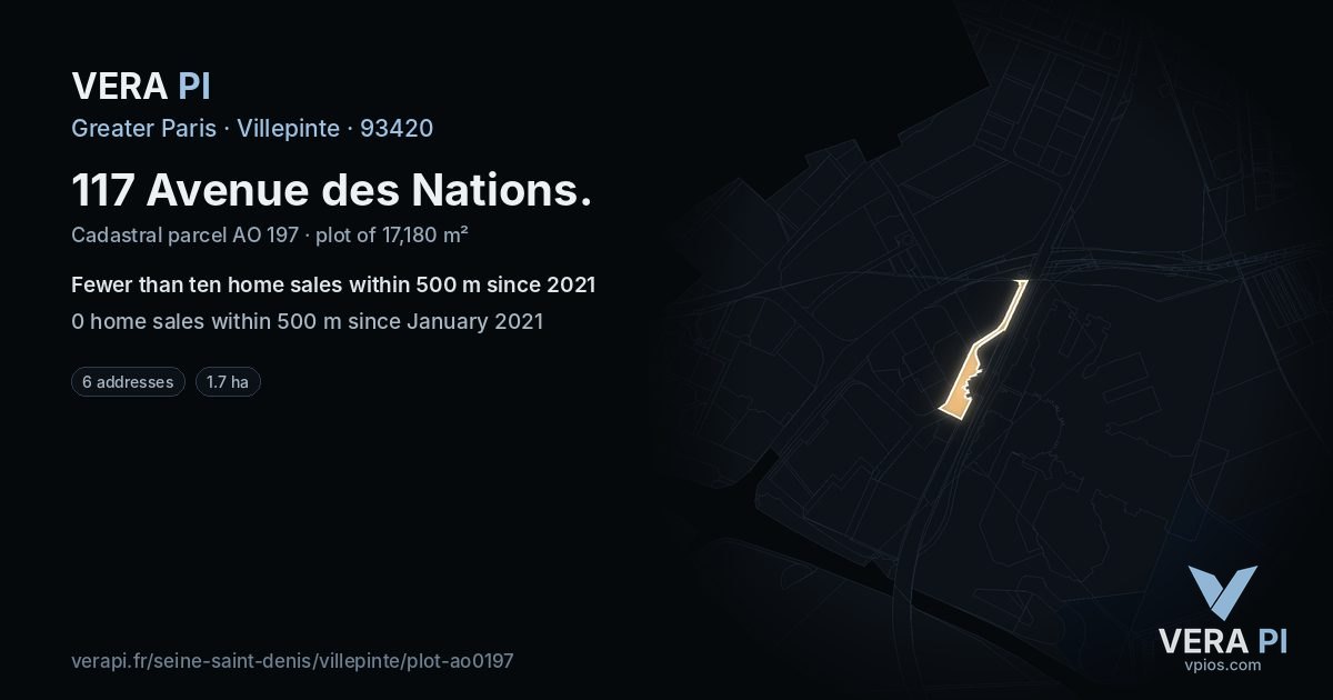 117 Avenue des Nations, Villepinte at night – the plot lit, the parcels around coloured by the prices near them