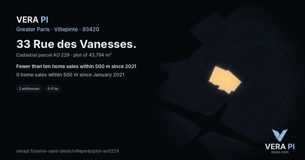 33 Rue des Vanesses, Villepinte at night – the plot lit, the parcels around coloured by the prices near them