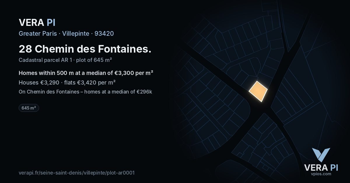 28 Chemin des Fontaines, Villepinte at night – the plot lit, the parcels around coloured by the prices near them
