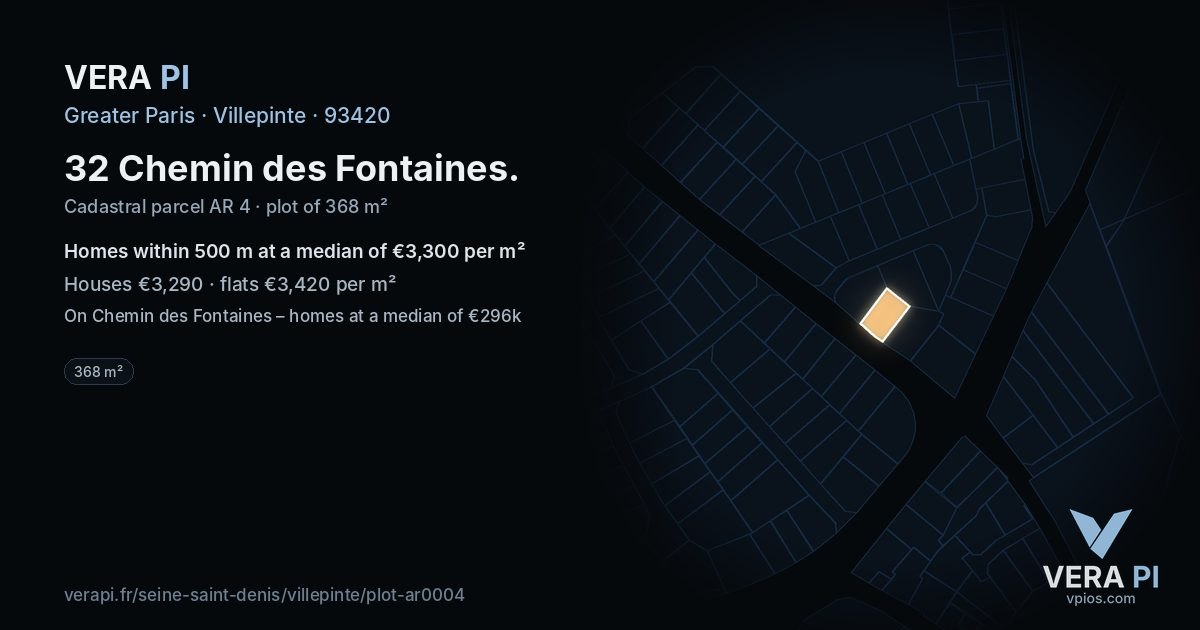 32 Chemin des Fontaines, Villepinte at night – the plot lit, the parcels around coloured by the prices near them