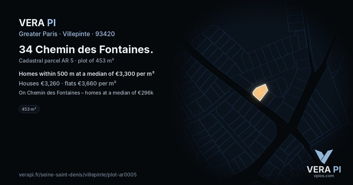 34 Chemin des Fontaines, Villepinte at night – the plot lit, the parcels around coloured by the prices near them