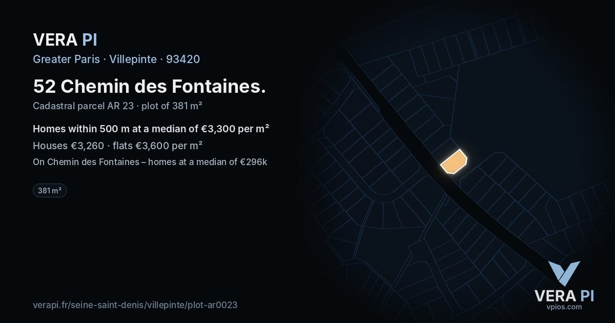 52 Chemin des Fontaines, Villepinte at night – the plot lit, the parcels around coloured by the prices near them