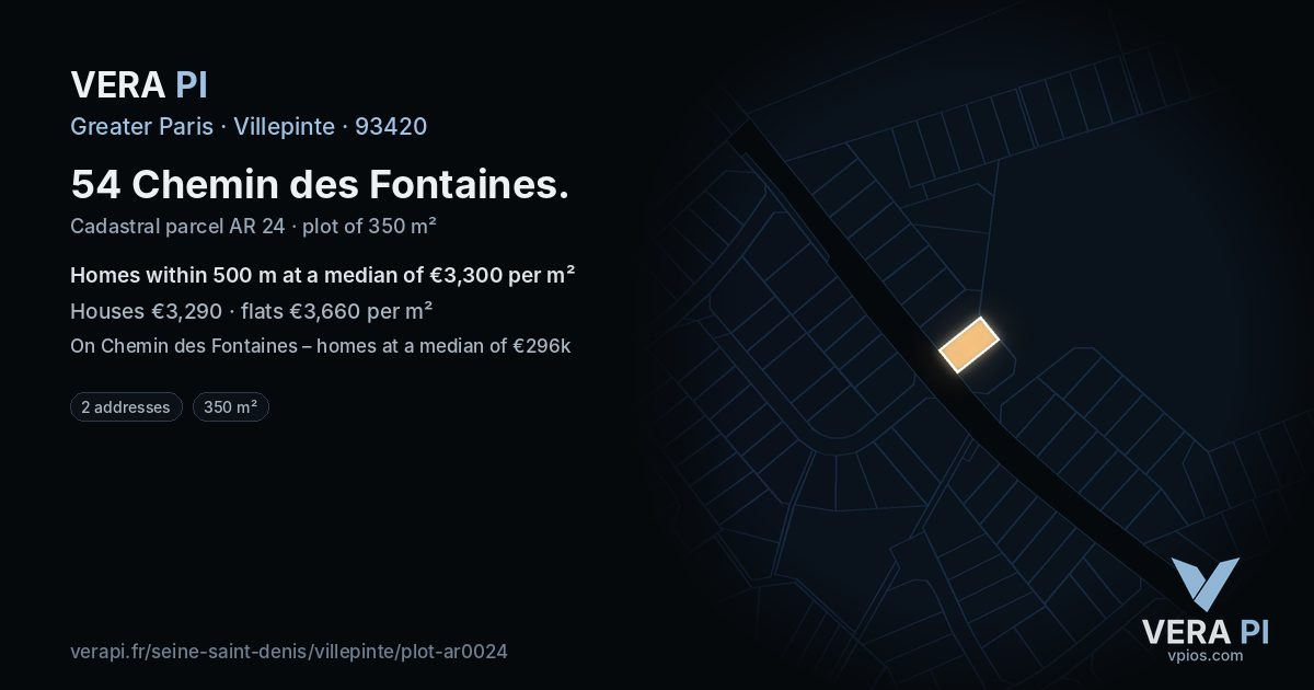 54 Chemin des Fontaines, Villepinte at night – the plot lit, the parcels around coloured by the prices near them