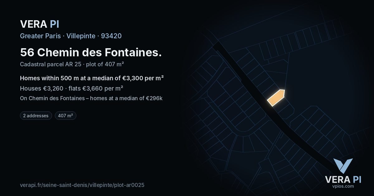 56 Chemin des Fontaines, Villepinte at night – the plot lit, the parcels around coloured by the prices near them