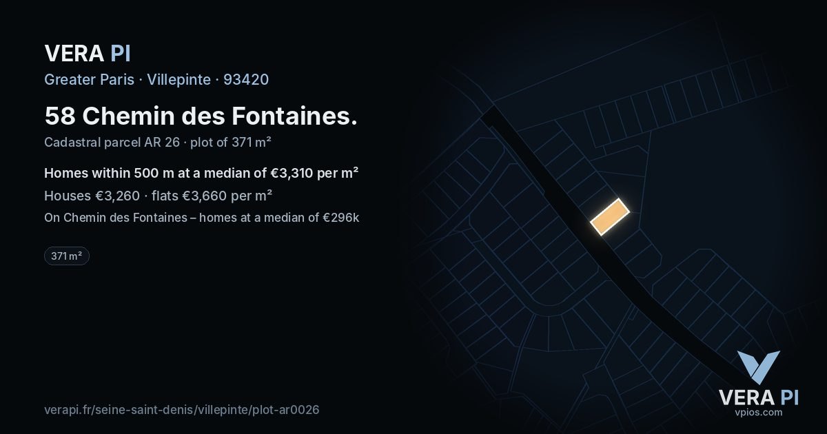 58 Chemin des Fontaines, Villepinte at night – the plot lit, the parcels around coloured by the prices near them