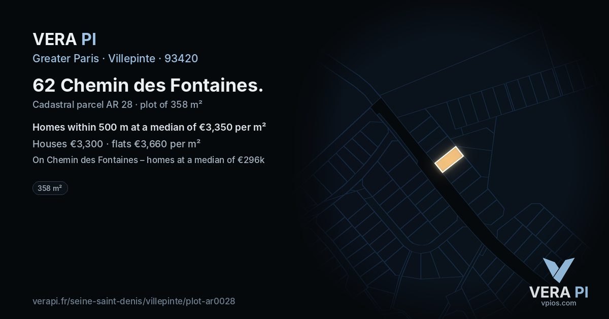 62 Chemin des Fontaines, Villepinte at night – the plot lit, the parcels around coloured by the prices near them