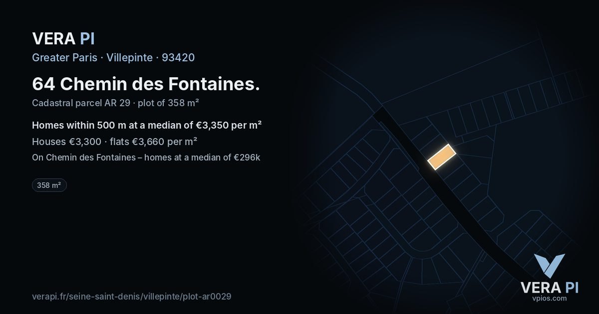 64 Chemin des Fontaines, Villepinte at night – the plot lit, the parcels around coloured by the prices near them