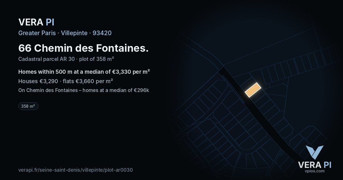 66 Chemin des Fontaines, Villepinte at night – the plot lit, the parcels around coloured by the prices near them