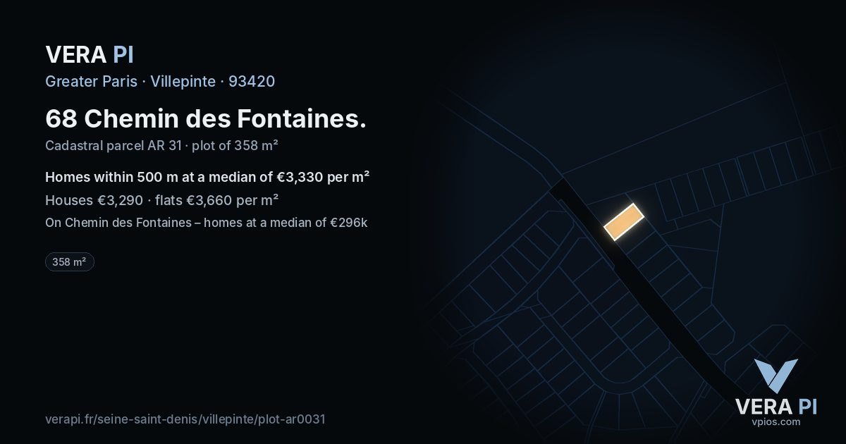 68 Chemin des Fontaines, Villepinte at night – the plot lit, the parcels around coloured by the prices near them