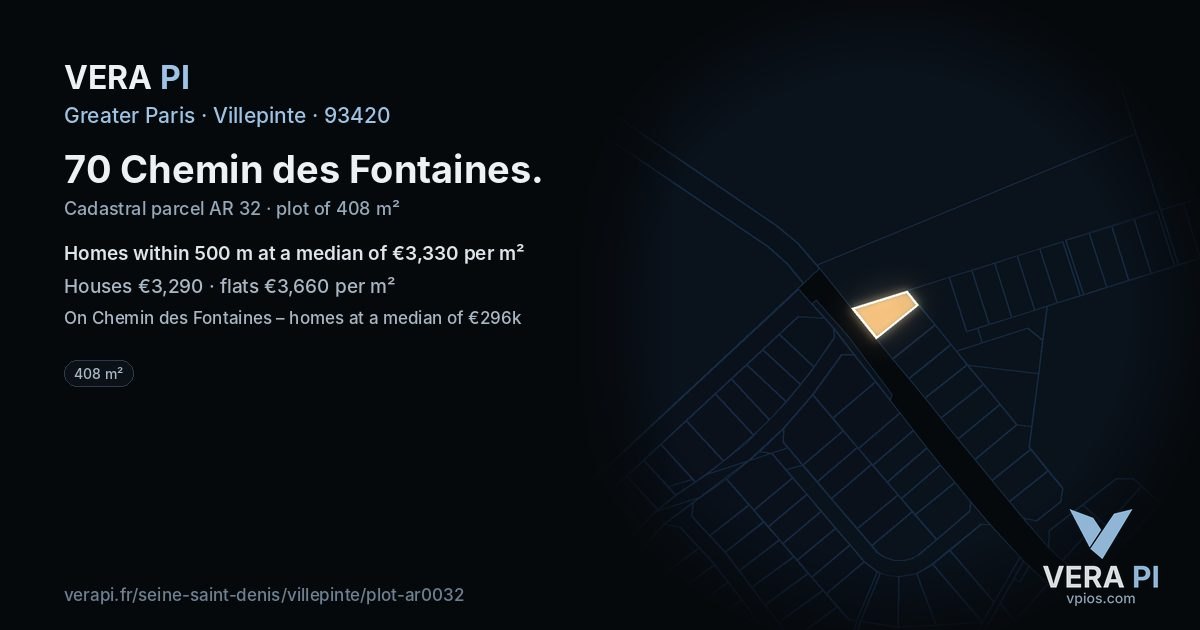 70 Chemin des Fontaines, Villepinte at night – the plot lit, the parcels around coloured by the prices near them