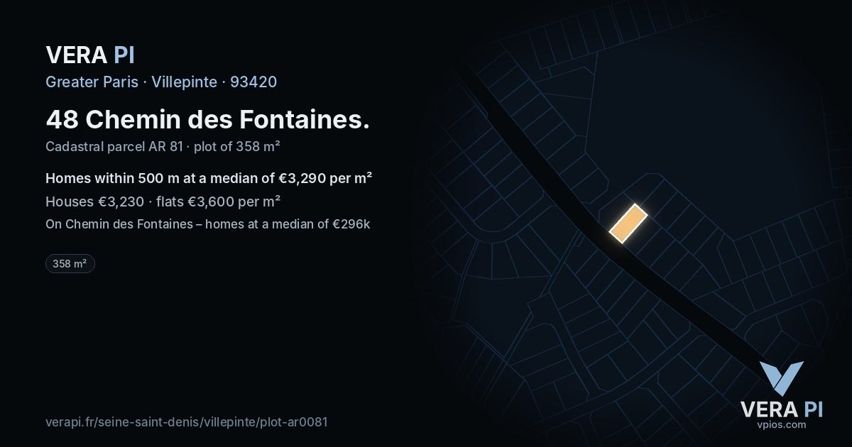 48 Chemin des Fontaines, Villepinte at night – the plot lit, the parcels around coloured by the prices near them