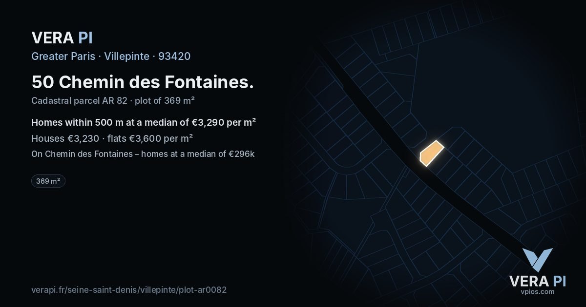 50 Chemin des Fontaines, Villepinte at night – the plot lit, the parcels around coloured by the prices near them