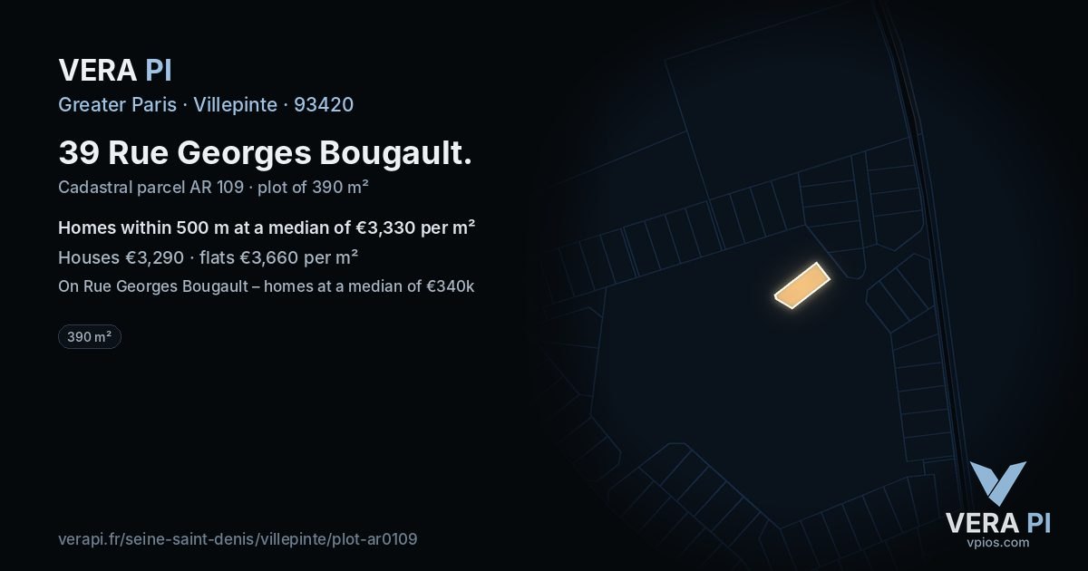 39 Rue Georges Bougault, Villepinte at night – the plot lit, the parcels around coloured by the prices near them